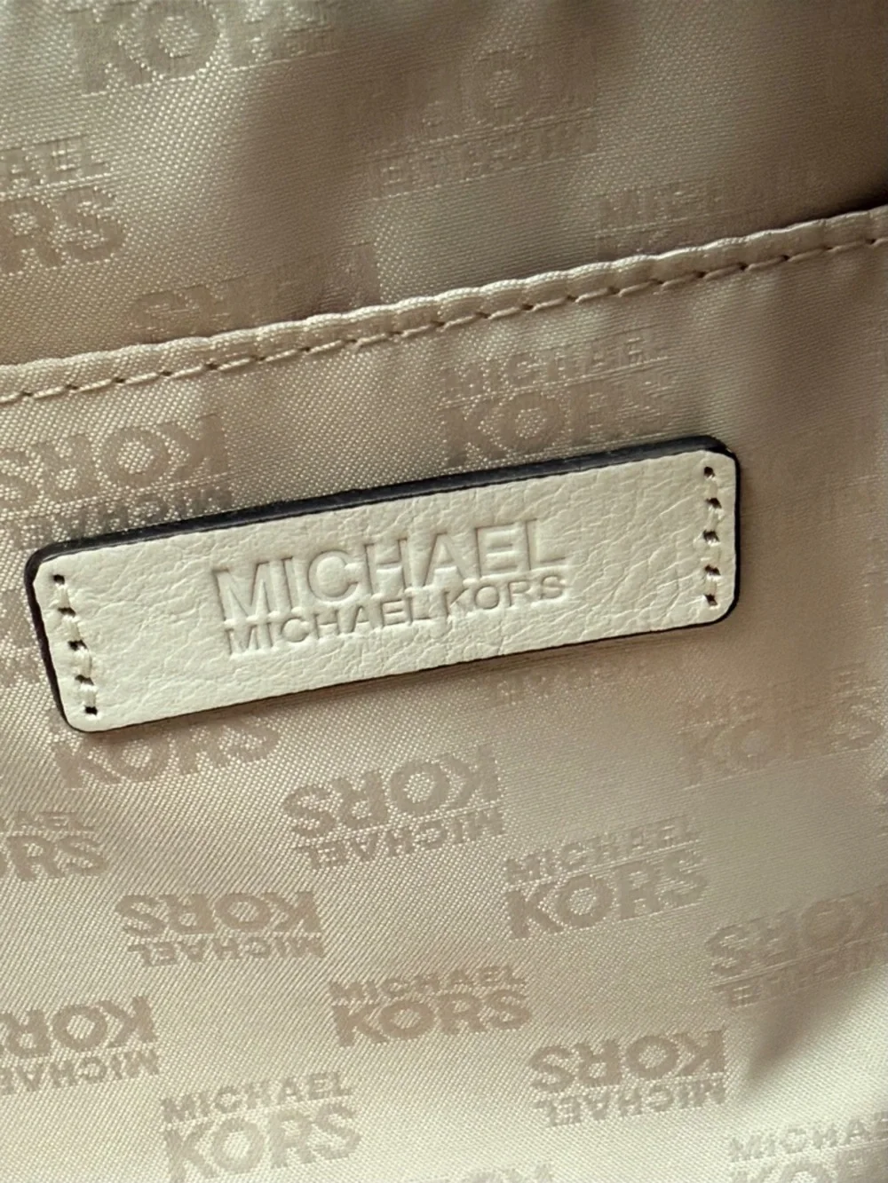 Michael Kors Astor Ivory Leather Studded Double Handle Purse Snap Closure Bag